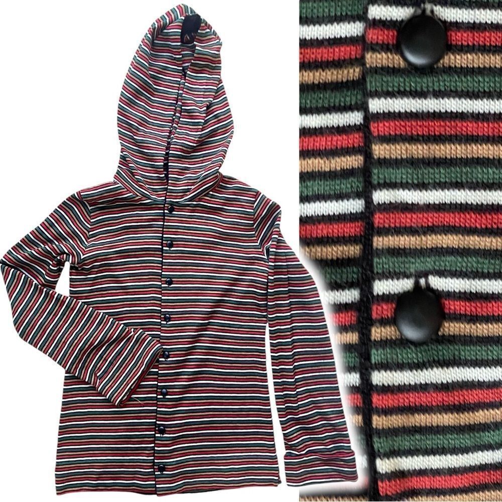 Vintage 1970’s Button Front Striped Knit Cuffed Sleeve light Sweater Hoodie